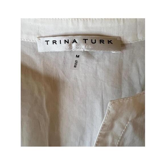 Trina Turk White Floral Embroidery 3/4 Sleeve Split Neckline Tunic Blouse Medium - Picture 12 of 12